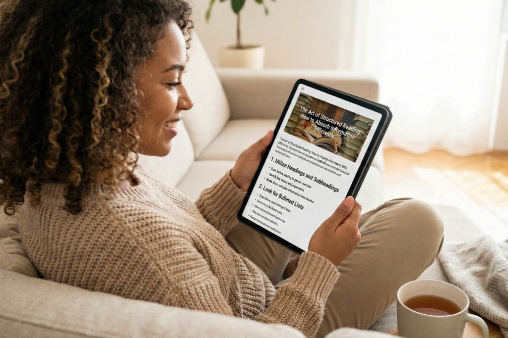 woman siting cross legged on a sofa looking at content on a tablet
