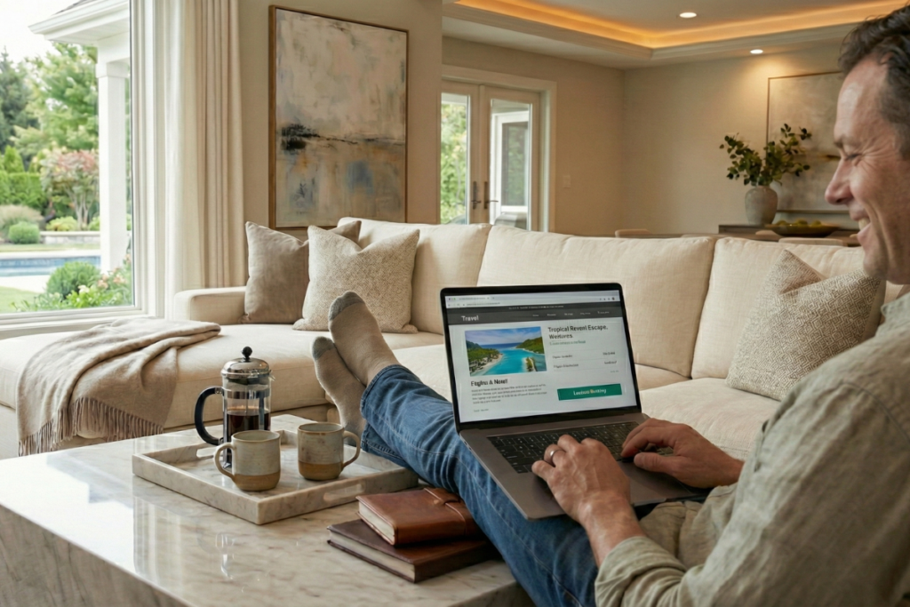 man relaxing in his living room, browsing the internet
