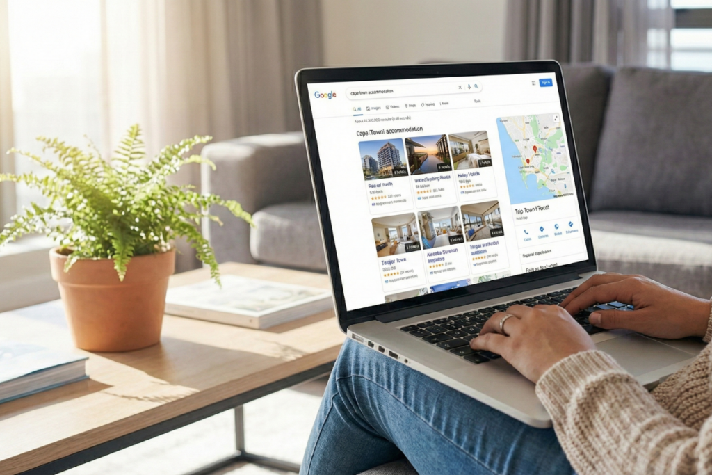 person sitting on a sofa browsing the internet for accommodation in cape town