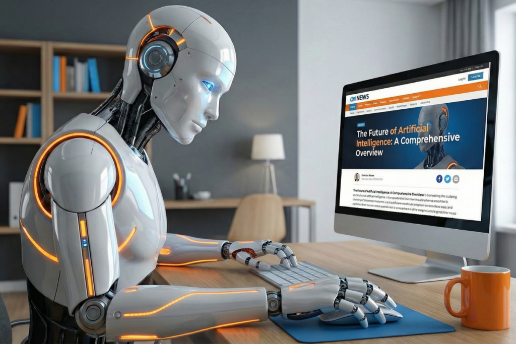 a robot sitting at a desk working on a computer