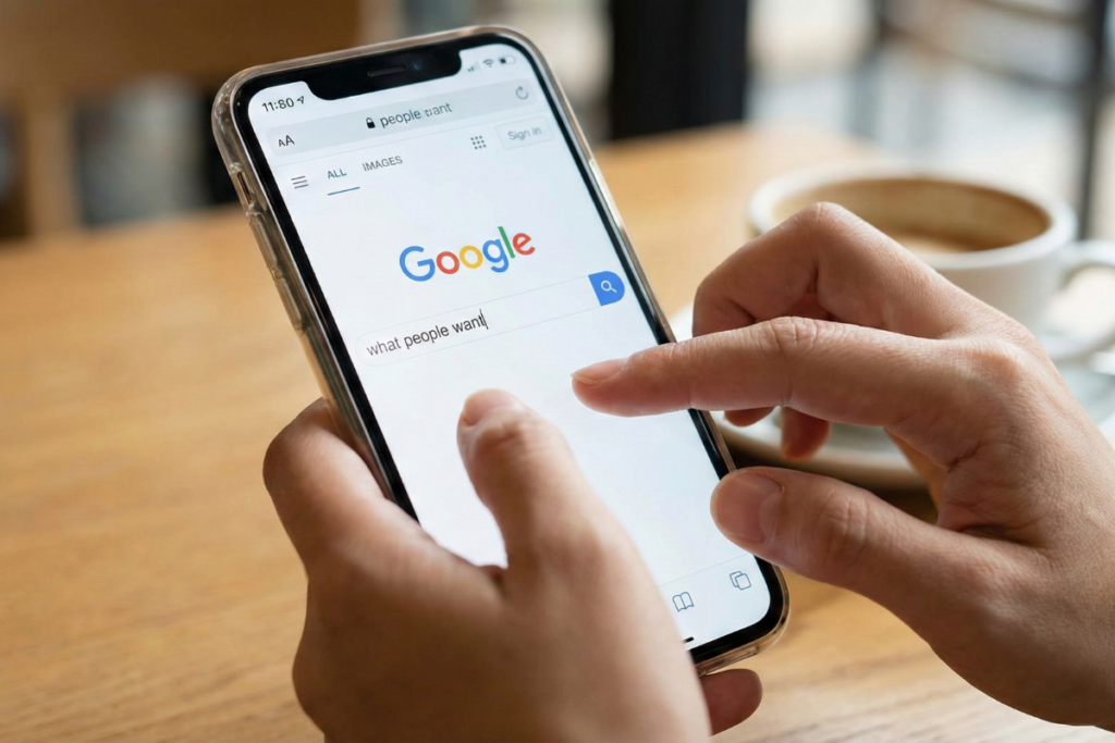 a person looking at google search on a mobile device