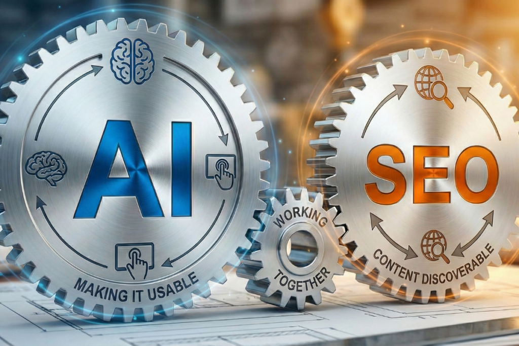 a graphic of gears representing AI and SEO working together