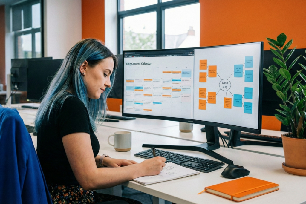 a woman sitting at a desk and working out a content strategy on the computer