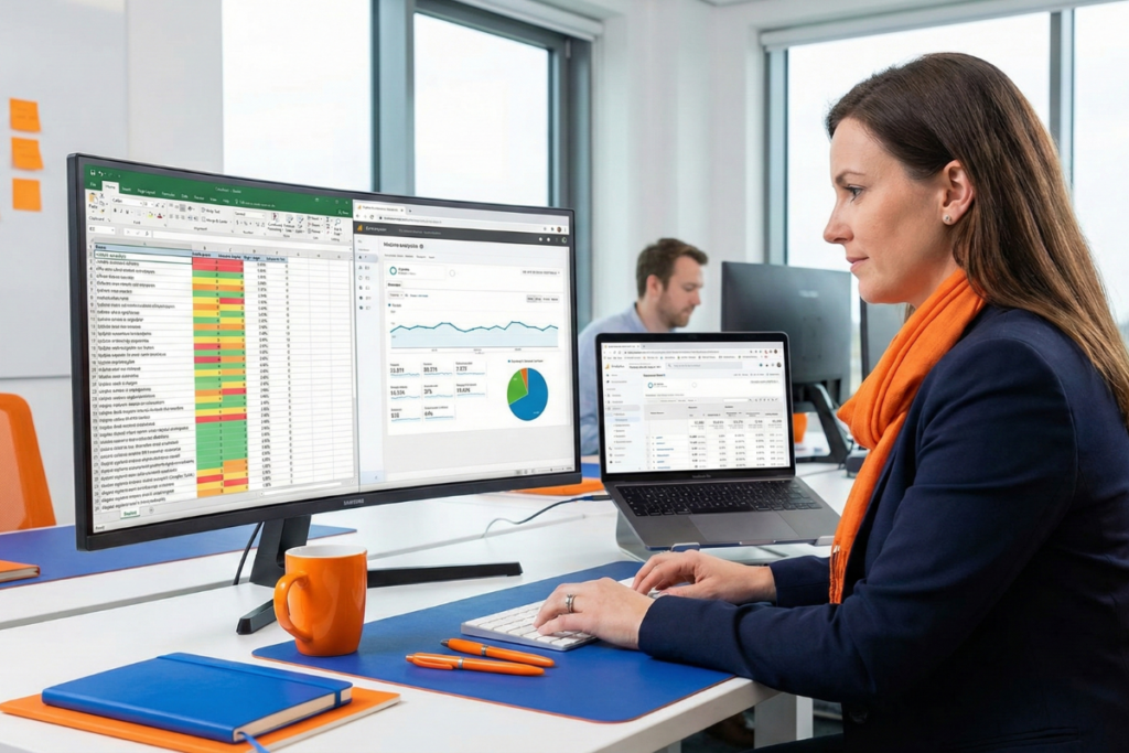 a woman working at a computer doing content audits
