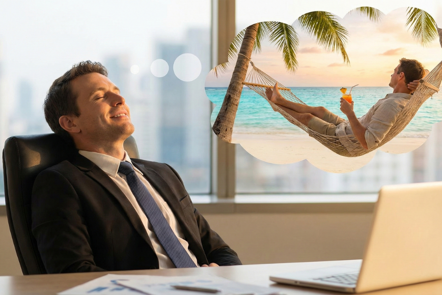 man in an office dreaming of a vacation
