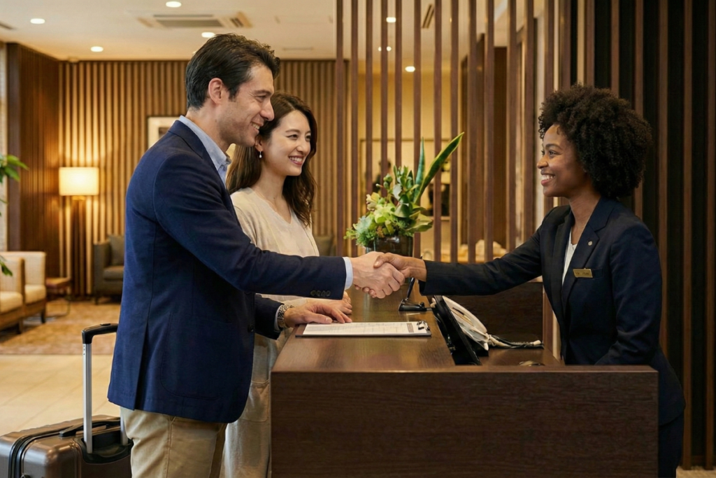 a couple checking in to a hotel at the front desk