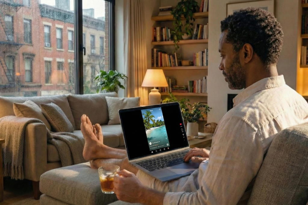 a man sitting on a sofa and browsing holiday destinations on a laptop